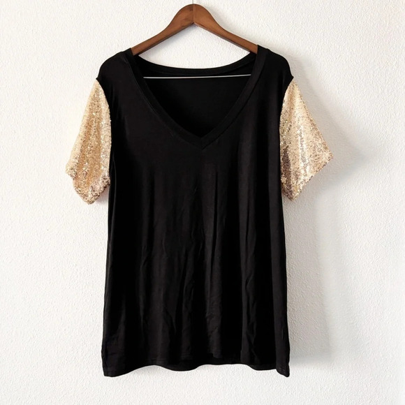 Sequin Short Sleeve Tee V Neck T Shirt Glitter Sparkles Loose Blouse Top 2XL - Picture 2 of 11